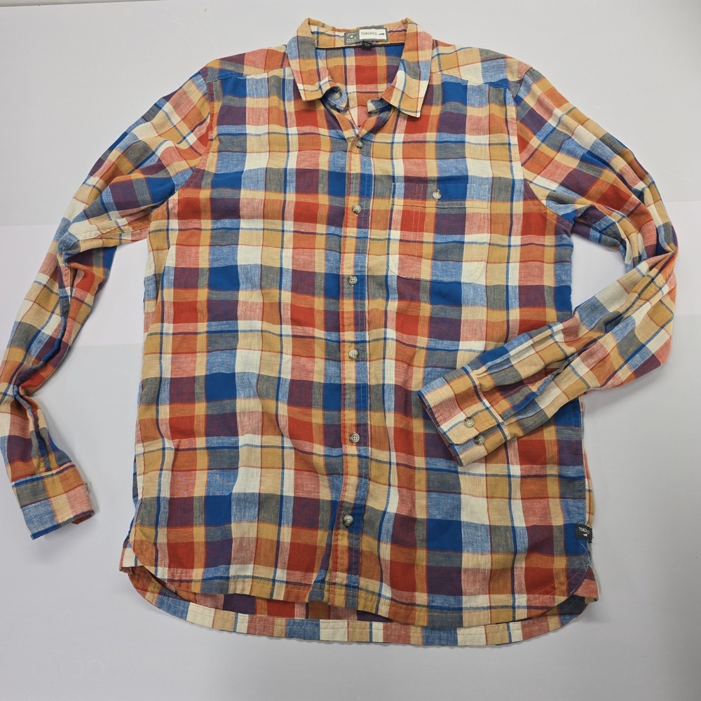 Toad&Co Mens Debug Peak Season LS Shirt Plaid Insect Shield Orange Blue M